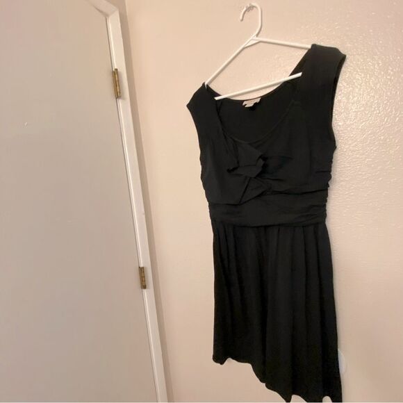 Loft black stretchy modal jersey sleeveles scoop neck ruffle comfort dress L - Picture 2 of 9